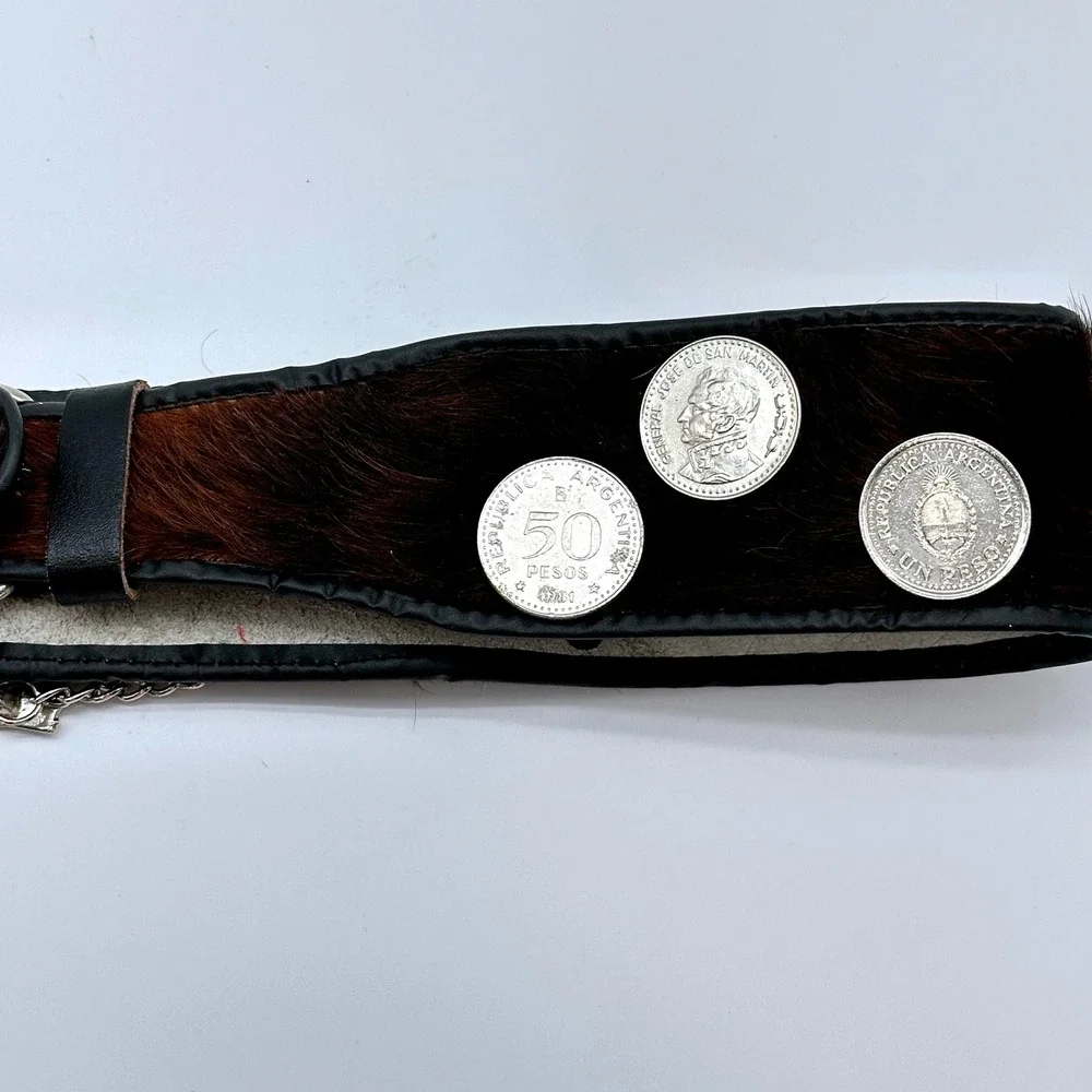 Vintage Gaucho Pony Hair Leather Coin Belt Argentina 100 Pesos Silver Chain